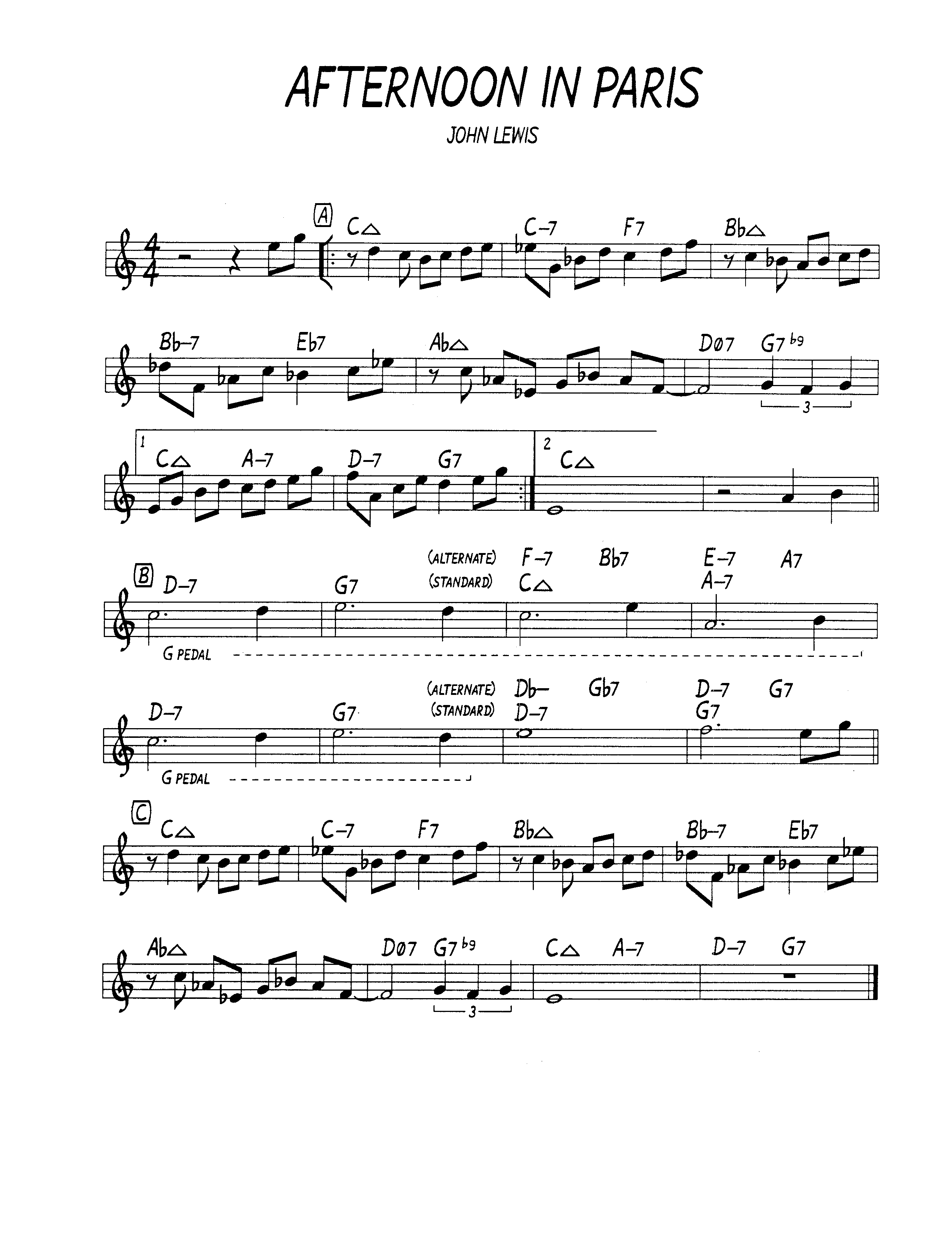 Ноты джазового стандарта: Afternoon in paris (John Lewis)