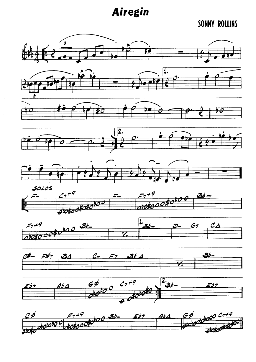 Ноты джазового стандарта: Airegin (Sonny Rollins)