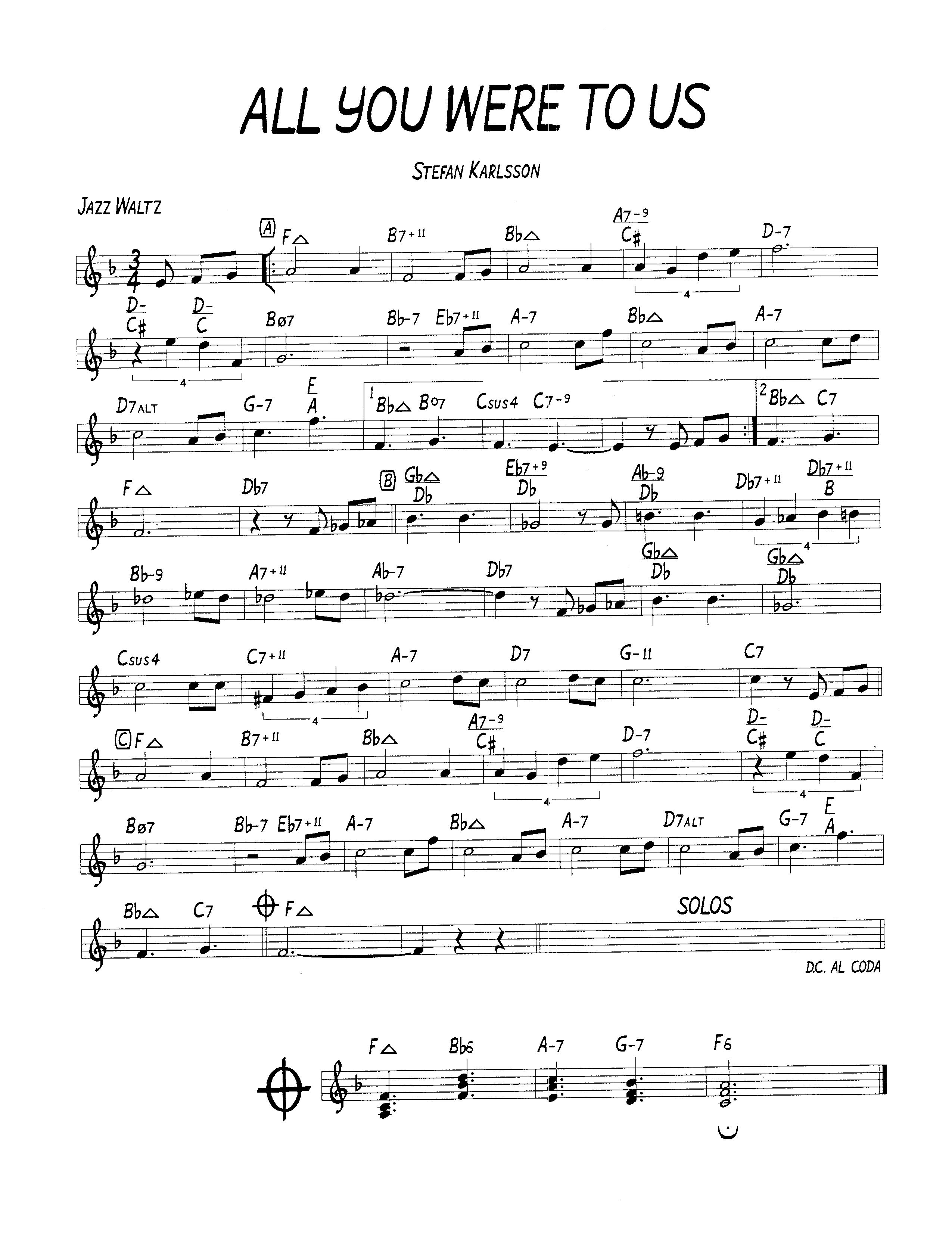Ноты джазового стандарта: All you were to us (Stefan Karlsson)