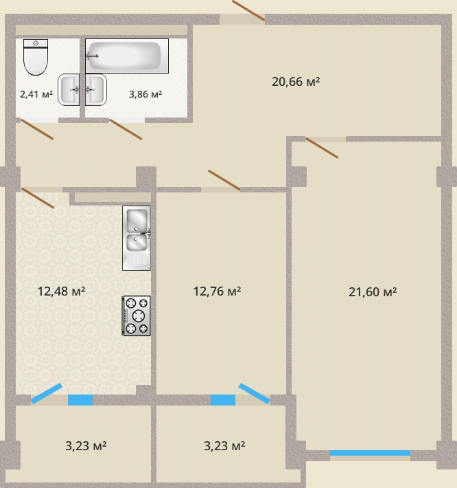 Планировка двухкомнатной квартиры 77,0 м.кв.
