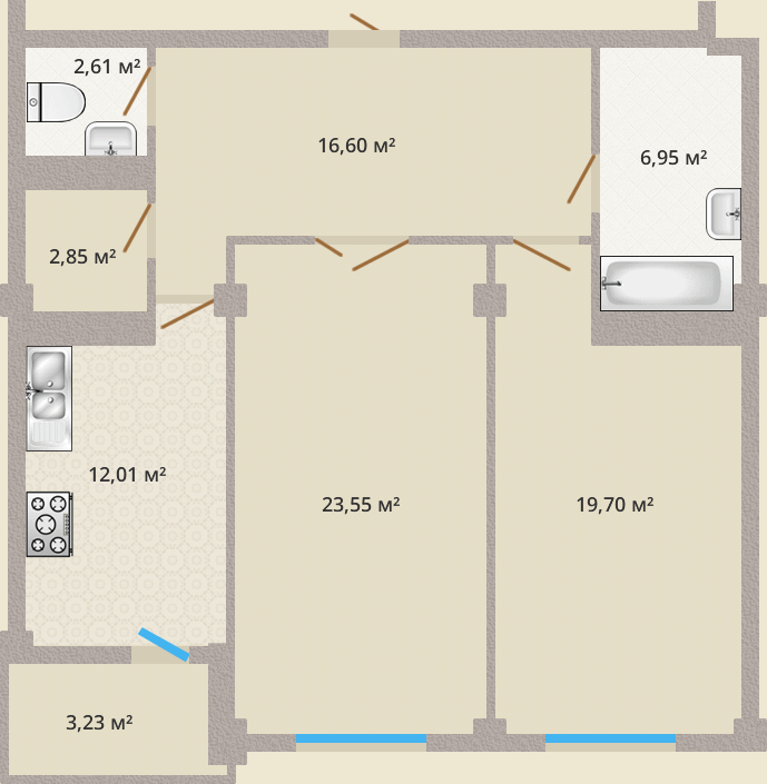 Планировка двухкомнатной квартиры 87,5 м.кв.