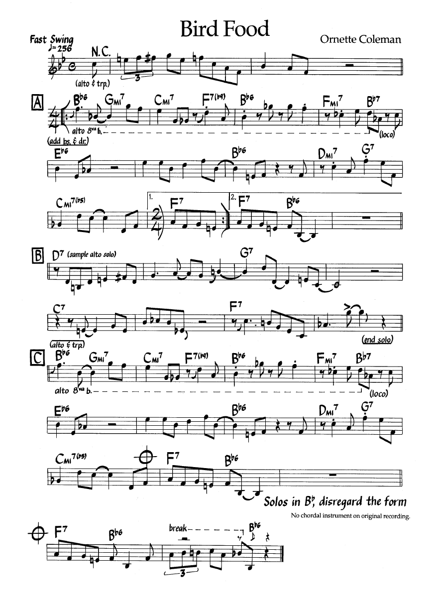 Ноты джазового стандарта: Bird food (Ornette Coleman)
