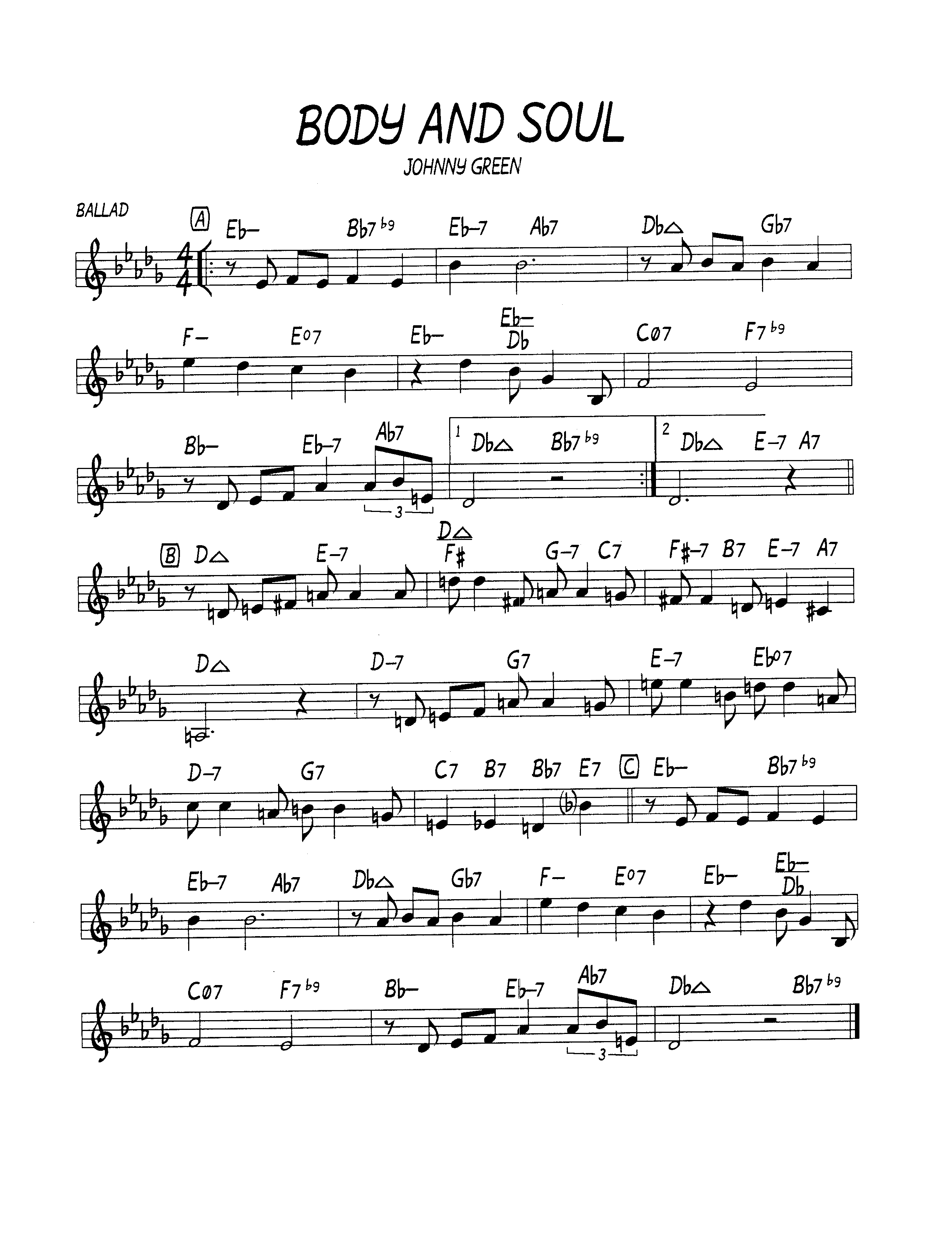 Ноты джазового стандарта: Body and soul (Johnny Green)