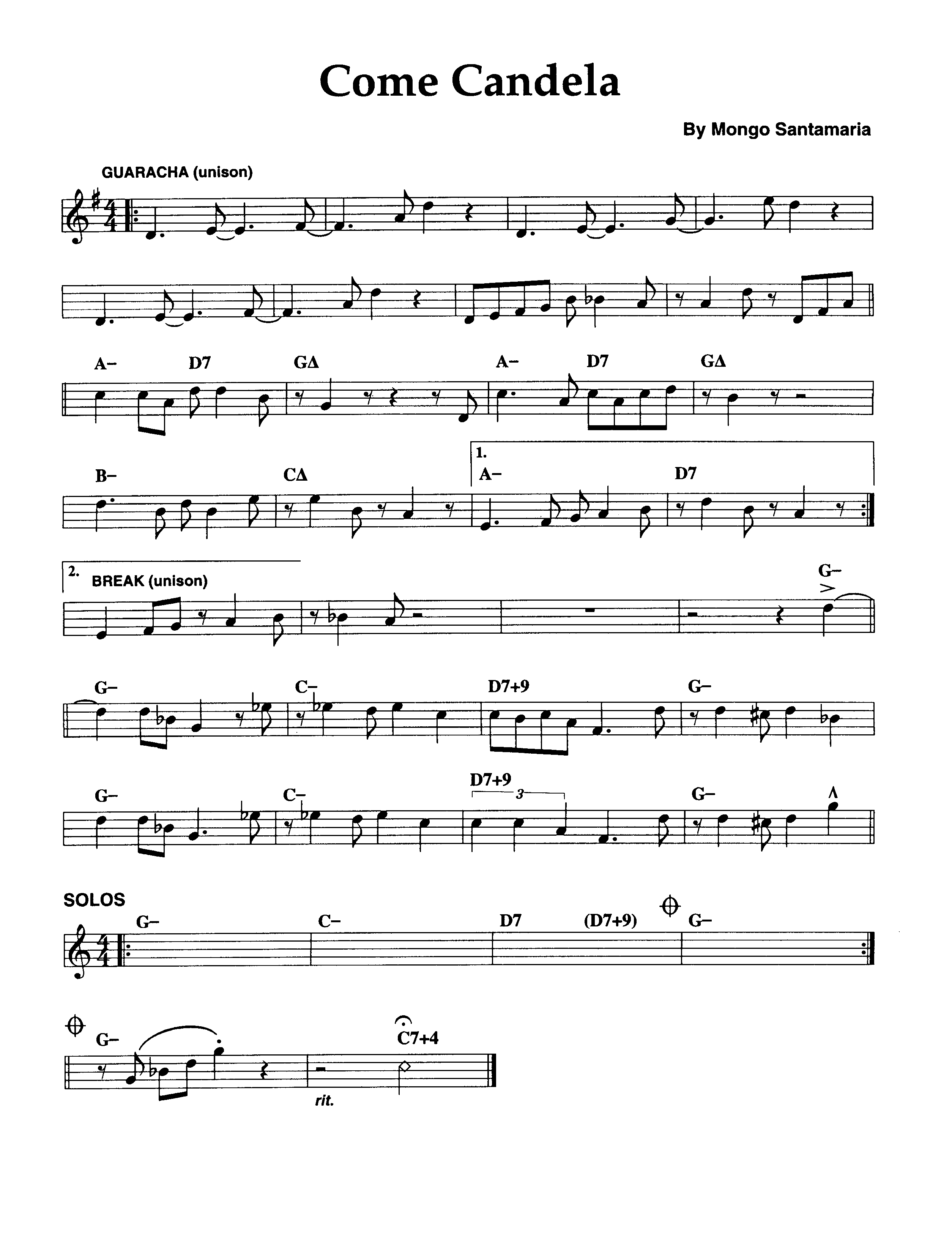 Ноты джазового стандарта: Come candela (Mongo Santamaria)