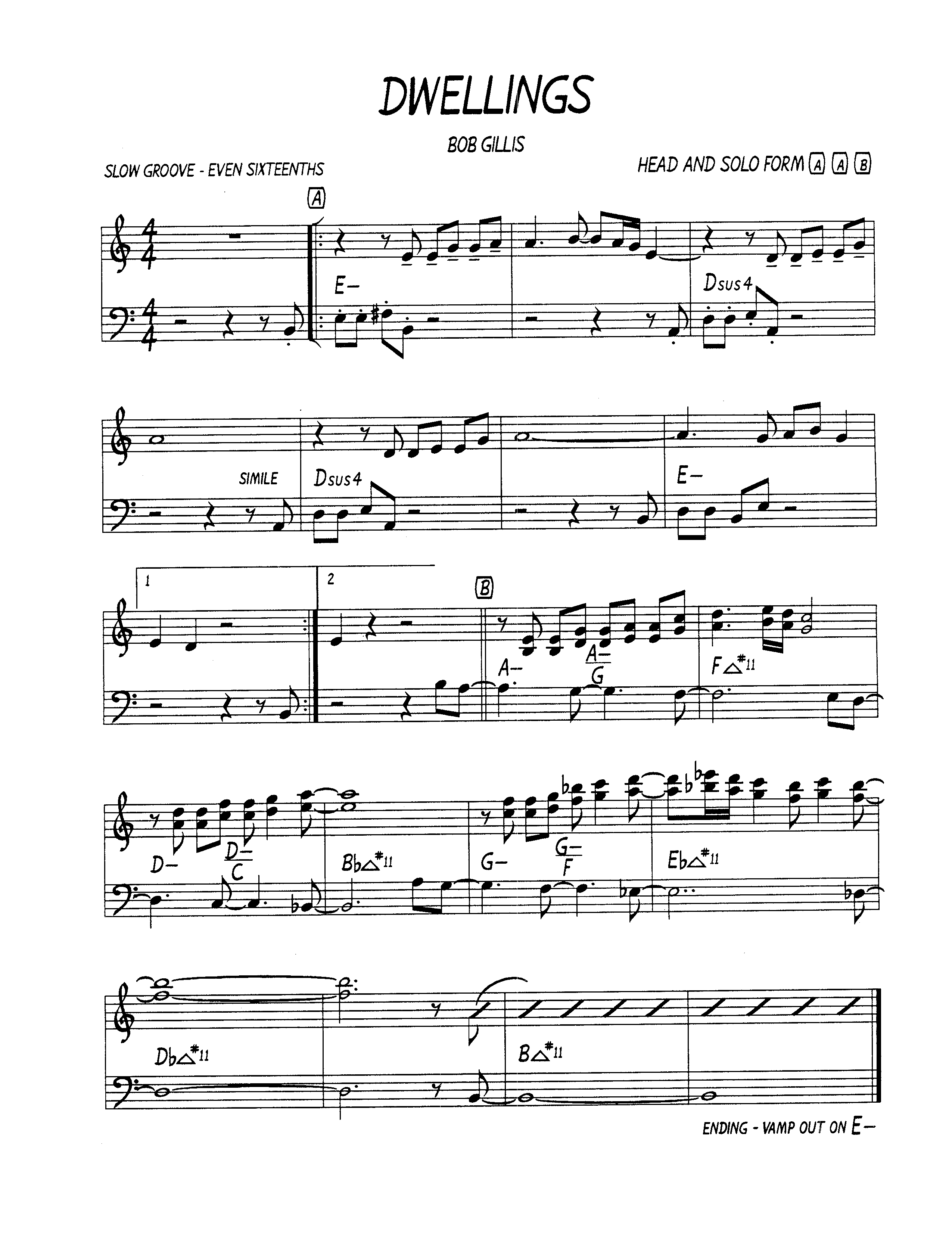 Ноты джазового стандарта: Dwellings (Bob Gillis)