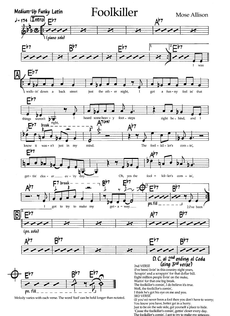 Ноты джазового стандарта: Foolkiller (Mose Allison)