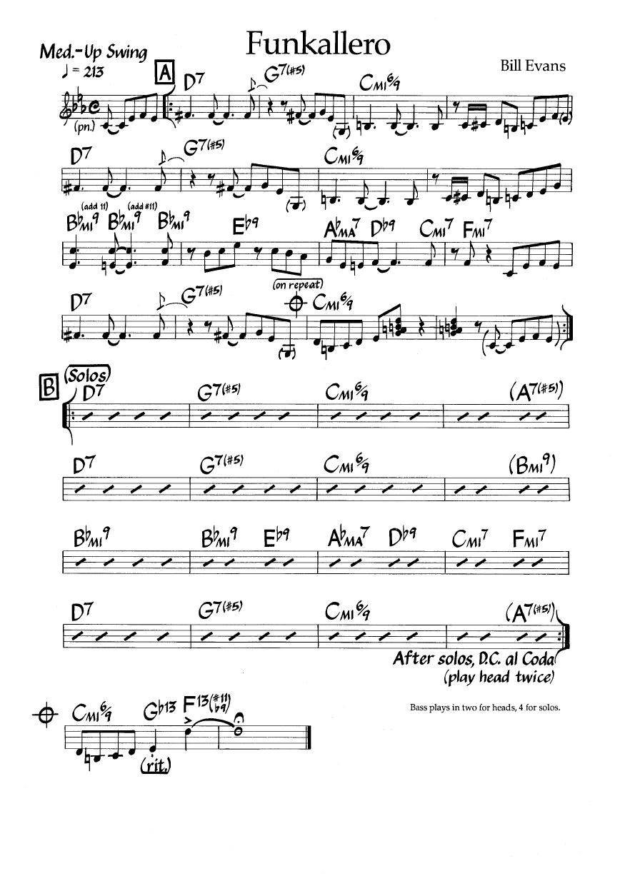 Ноты джазового стандарта: Funkallero (Bill Evans)