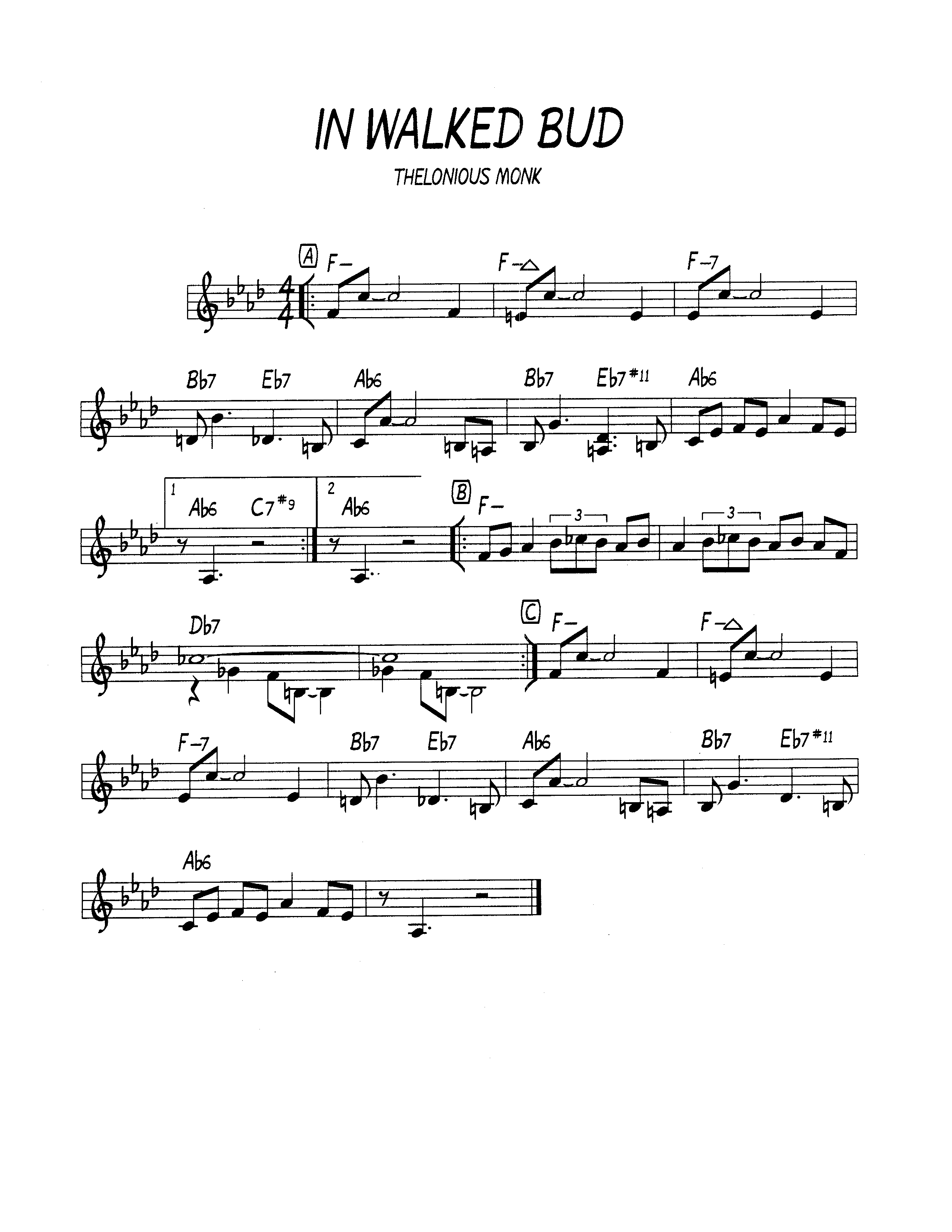 Ноты джазового стандарта: In walked bud (Thelonious Monk)