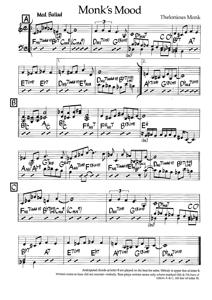 Ноты джазового стандарта: Monk's mood (Thelonious Monk)