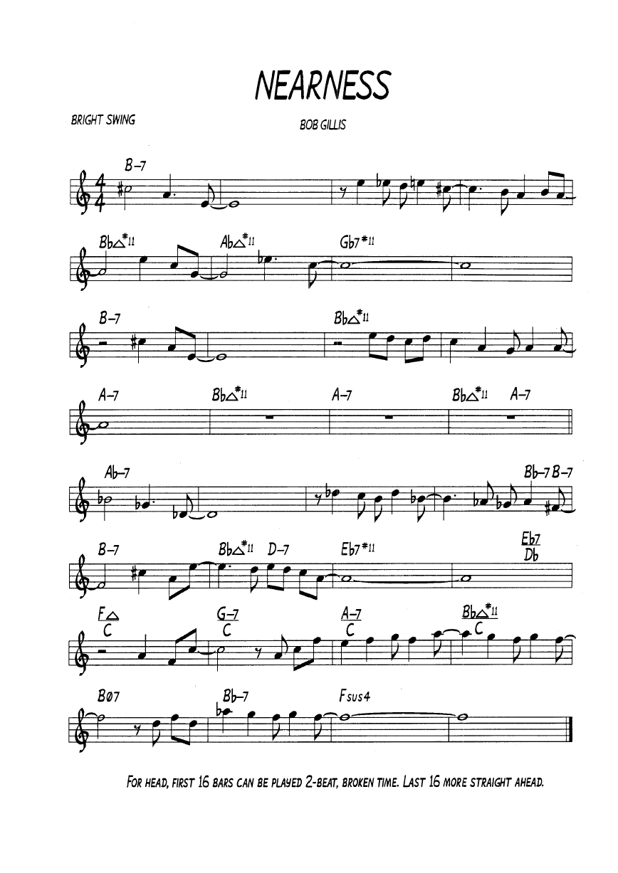 Ноты джазового стандарта: Nearness (Bob Gillis)