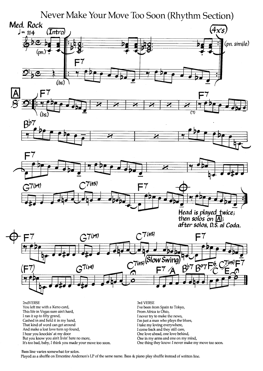 Ноты джазового стандарта: Never make your move too soon (Nesbert 