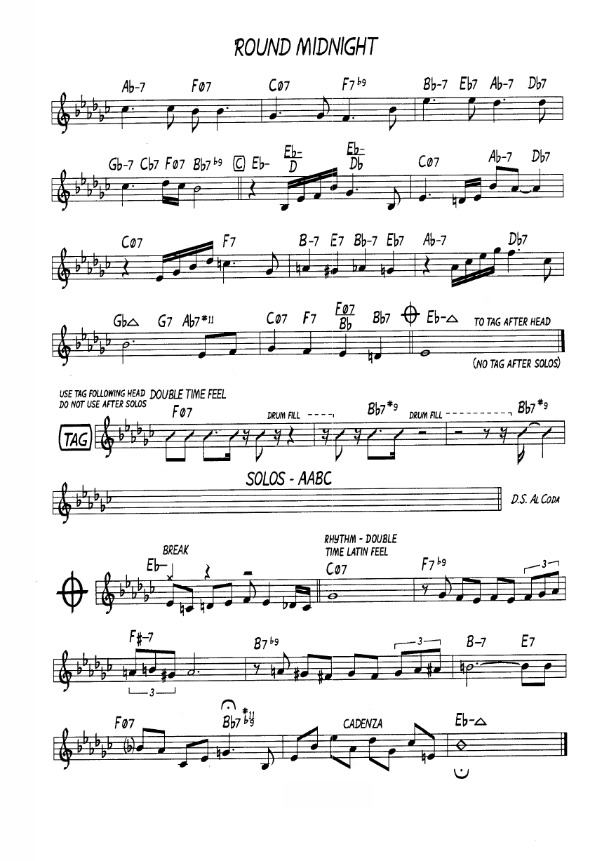 Ноты джазового стандарта: Round midnight (Cootie Williams/Thelonius Monk)