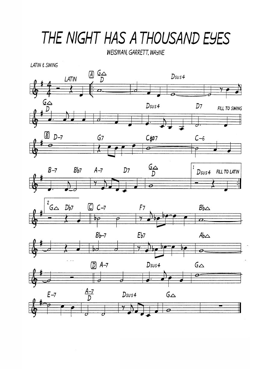 Ноты джазового стандарта: The night has a thousand eyes (Weisman/Garrett/Wayne)