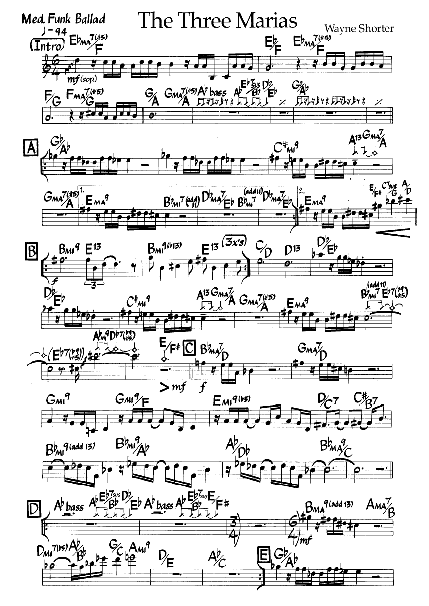 Ноты джазового стандарта: The three marias (Wayne Shorter)
