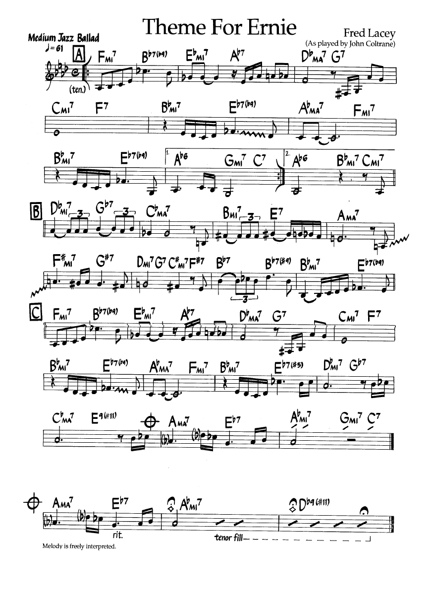 Ноты джазового стандарта: Theme for ernie (Fred Lacey)