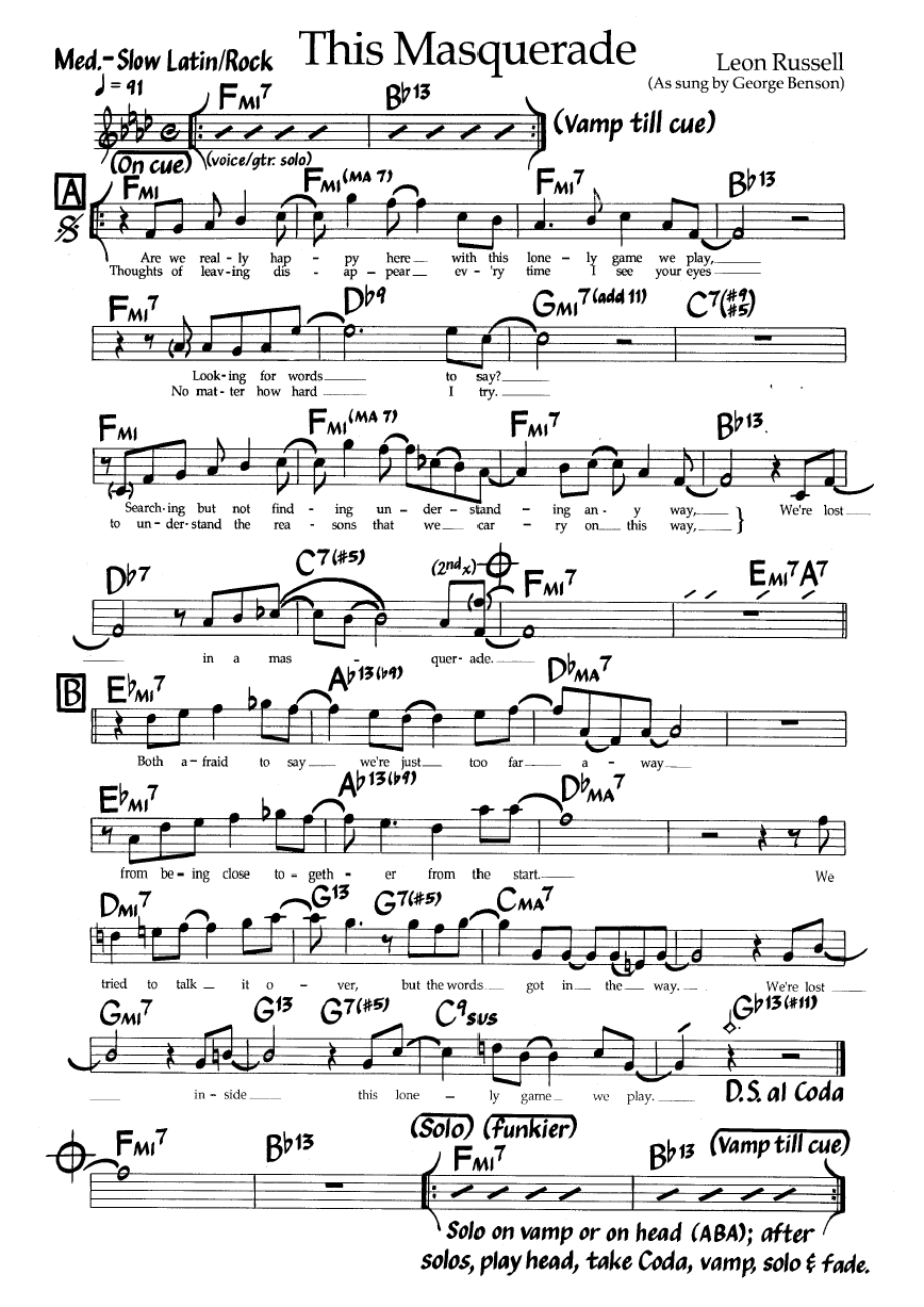 Ноты джазового стандарта: This masquerade (Leon Russell)