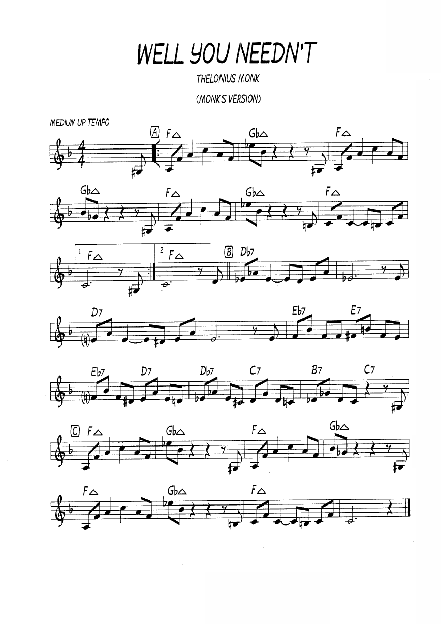 Ноты джазового стандарта: Well you needn't (Thelonious Monk)