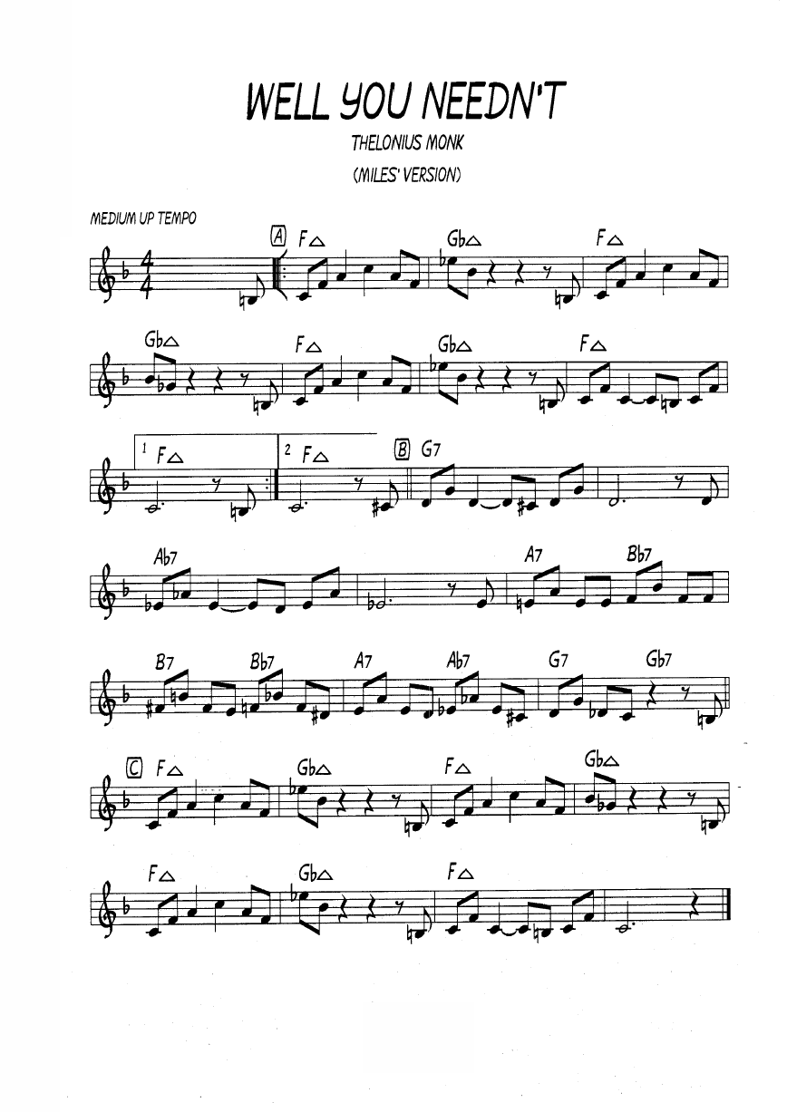 Ноты джазового стандарта: Well you needn't (Thelonious Monk)