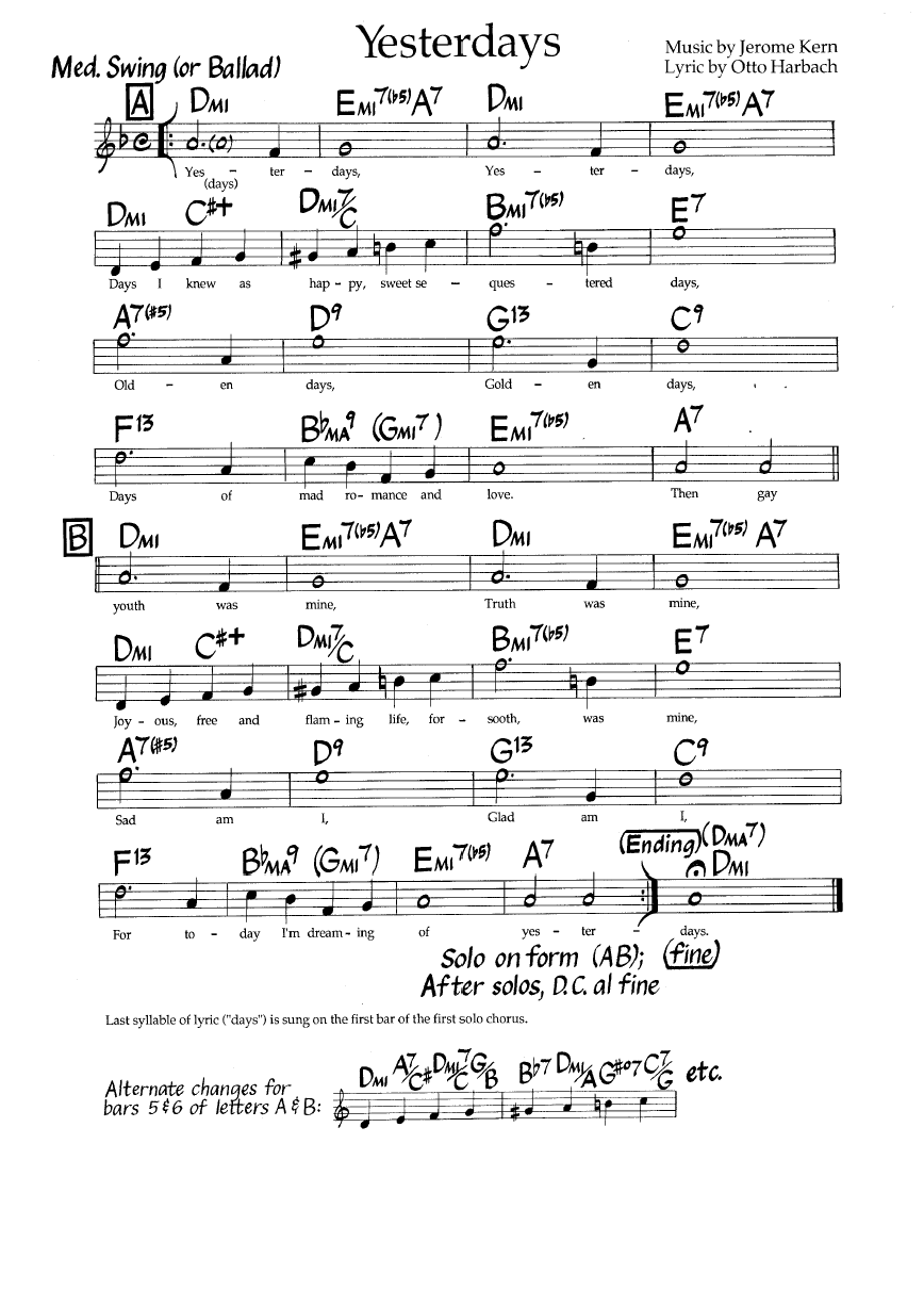 Ноты джазового стандарта: Yesterdays (Jerome Kern/Otto Harbach)