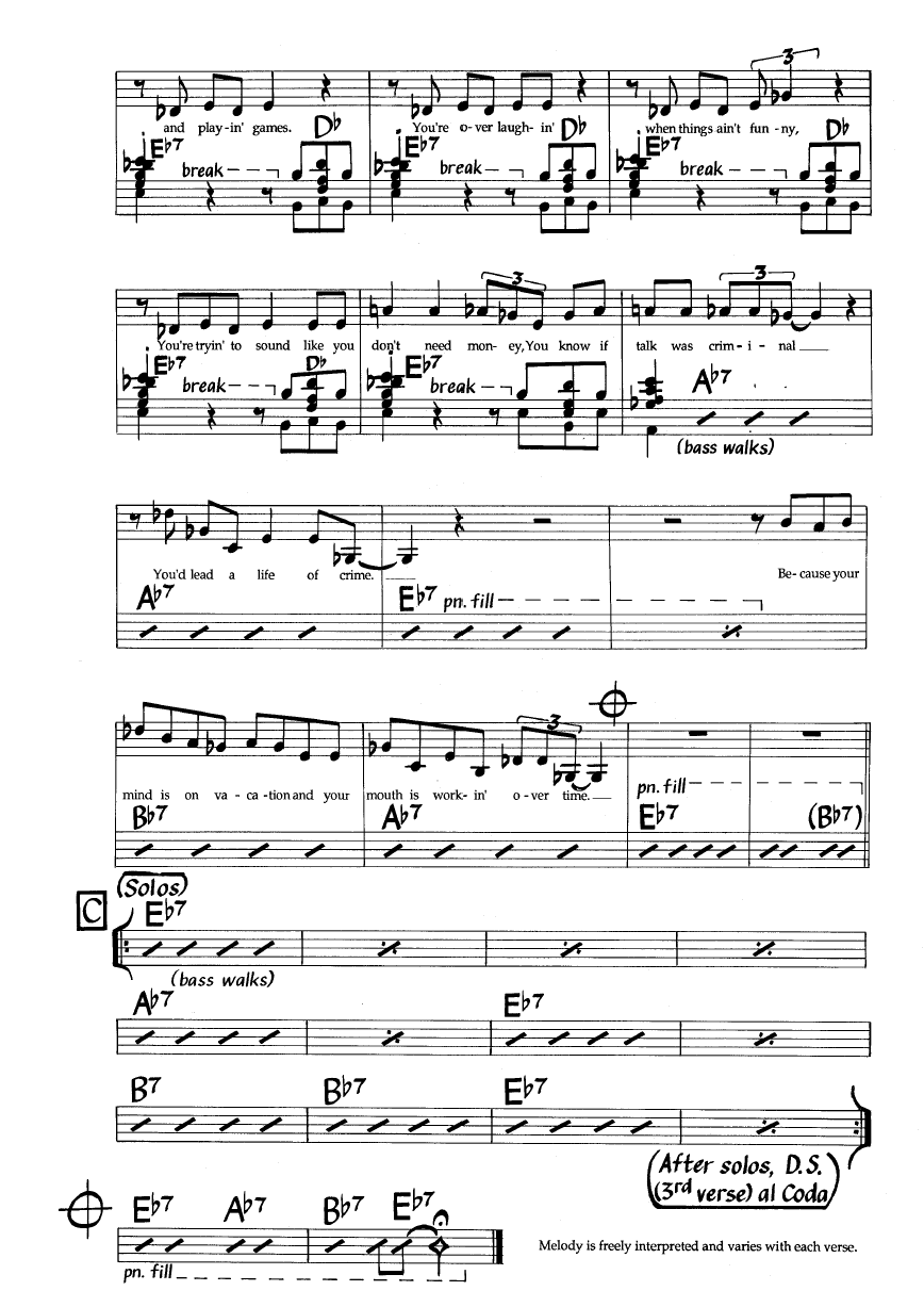 Ноты джазового стандарта: Your mind is on vacation (Mose Allison)
